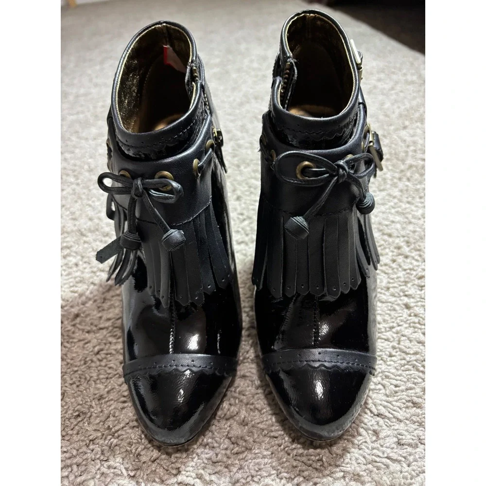 Christin Michaels Canton Black Patent Leather Fringe Buckle Ankle Boots 6M
